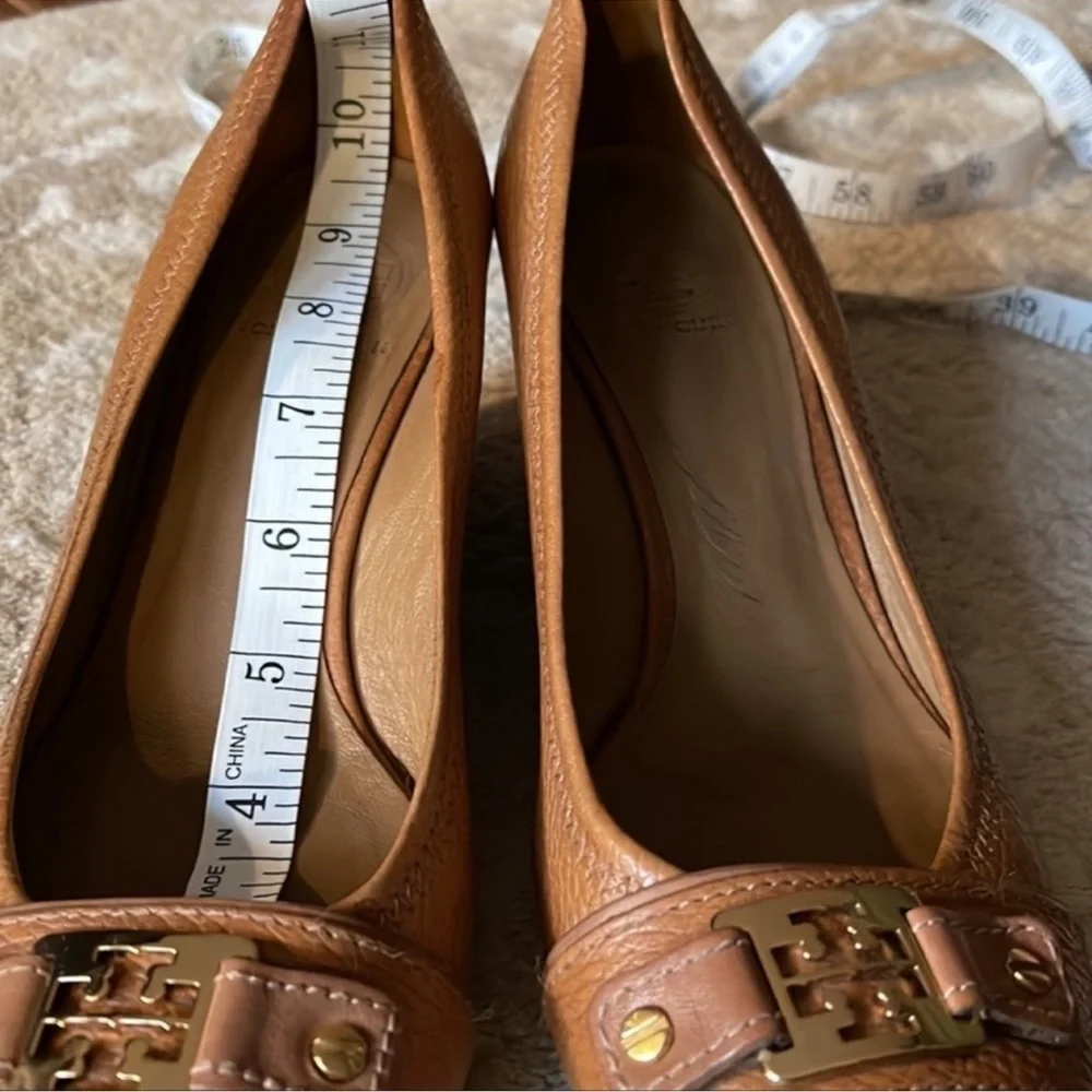 Tory Burch Cognac Leather Wedge Pumps with Gold Logo Accent